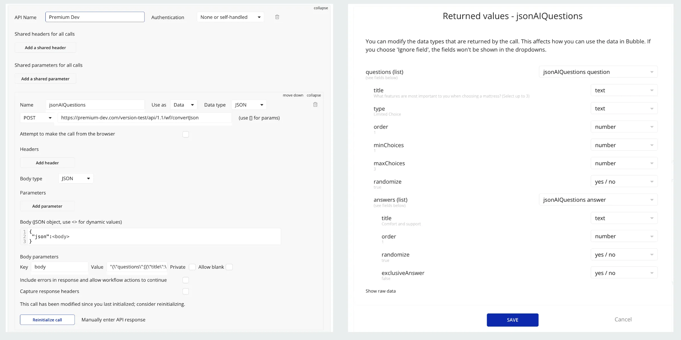 API Connector call “jsonAIQuestions” set up as a POST to the converttojson workflow, and the returned values Bubble detected: a list of questions, each with a title, type, order and answers.